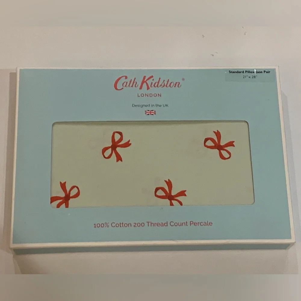 Cath Kidston London Bow Pillowcase Set - Ruby Sage, Percale cotton, 21"x28", NIB - Picture 1 of 10